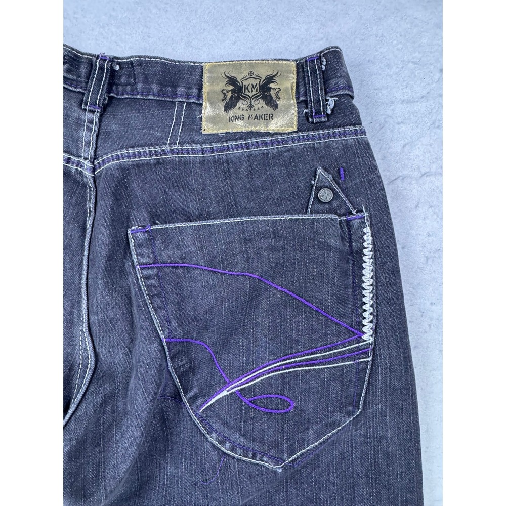 King Maker Mens Straight Leg Jeans Black Faded Purple Contrast Stitch Size 34x28 - Picture 9 of 15